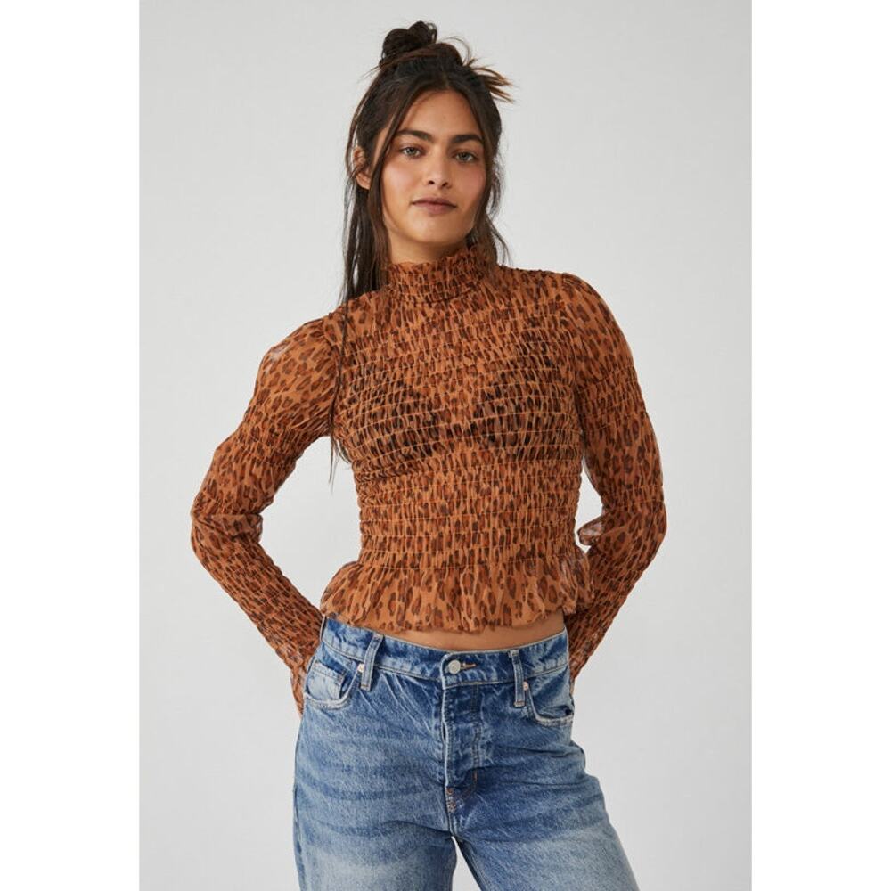 Free People Hello There Top Leopard Print Mesh Long Sleeve Ruched
